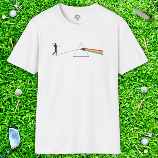 Dark Side Of The Moon T-Shirt — Golf Prism Illustration Tee (Pink Floyd Inspired Rainbow Prism Design)