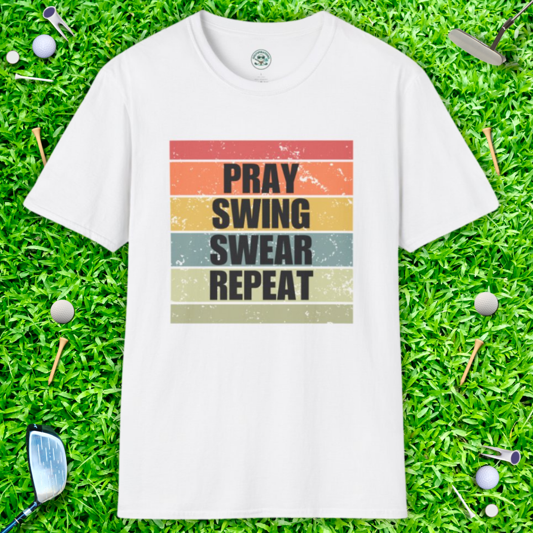 Pray Swing Swear Repeat T-Shirt — Retro Golf & Faith Graphic Tee