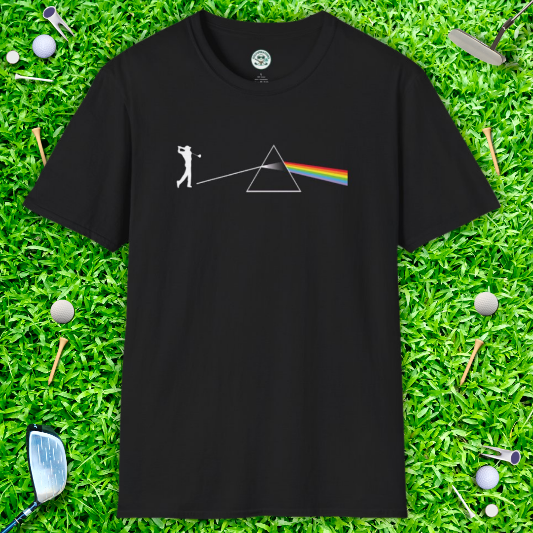 Dark Side Of The Moon T-Shirt — Golf Prism Illustration Tee (Pink Floyd Inspired Rainbow Prism Design)