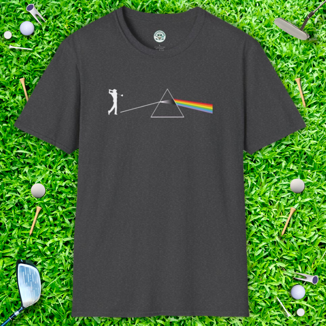 Dark Side Of The Moon T-Shirt — Golf Prism Illustration Tee (Pink Floyd Inspired Rainbow Prism Design)