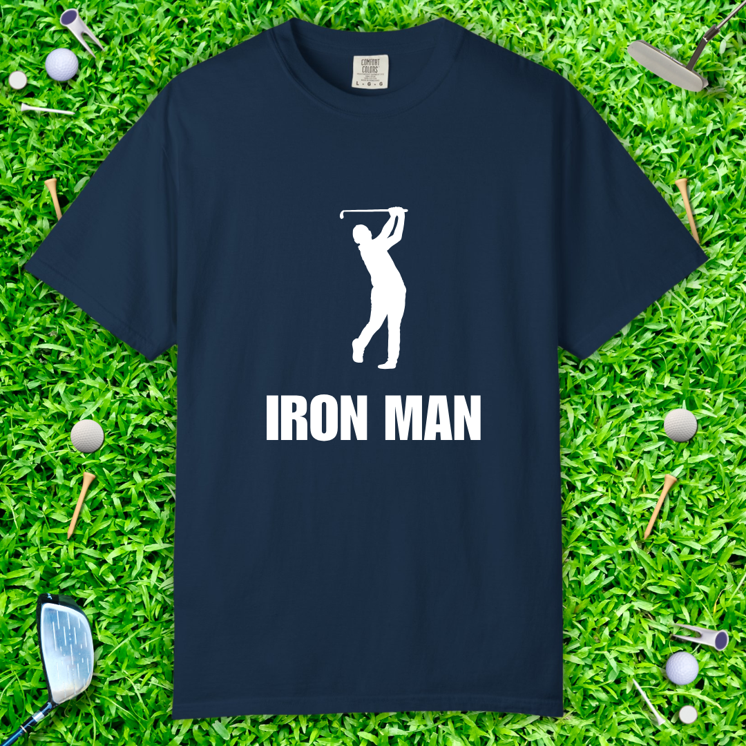 Iron Man Golf Graphic T‑Shirt — Golfer Silhouette Sports Tee