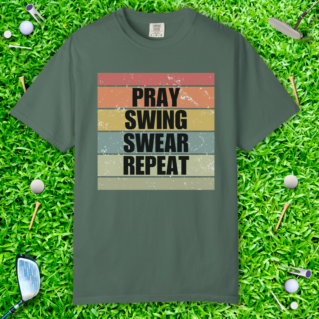 Pray Swing Swear Repeat T-Shirt — Retro Golf & Faith Graphic Tee