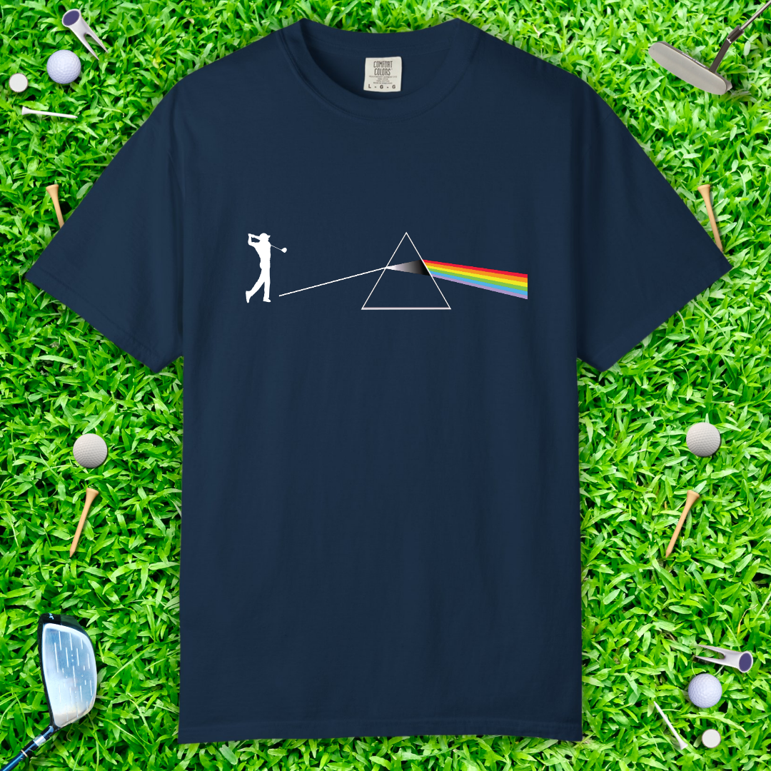 Dark Side Of The Moon T-Shirt — Golf Prism Illustration Tee (Pink Floyd Inspired Rainbow Prism Design)