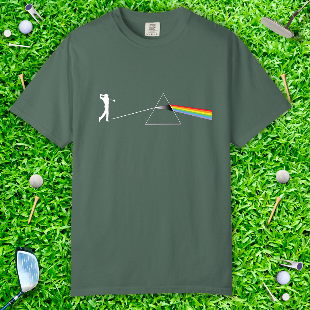 Dark Side Of The Moon T-Shirt — Golf Prism Illustration Tee (Pink Floyd Inspired Rainbow Prism Design)