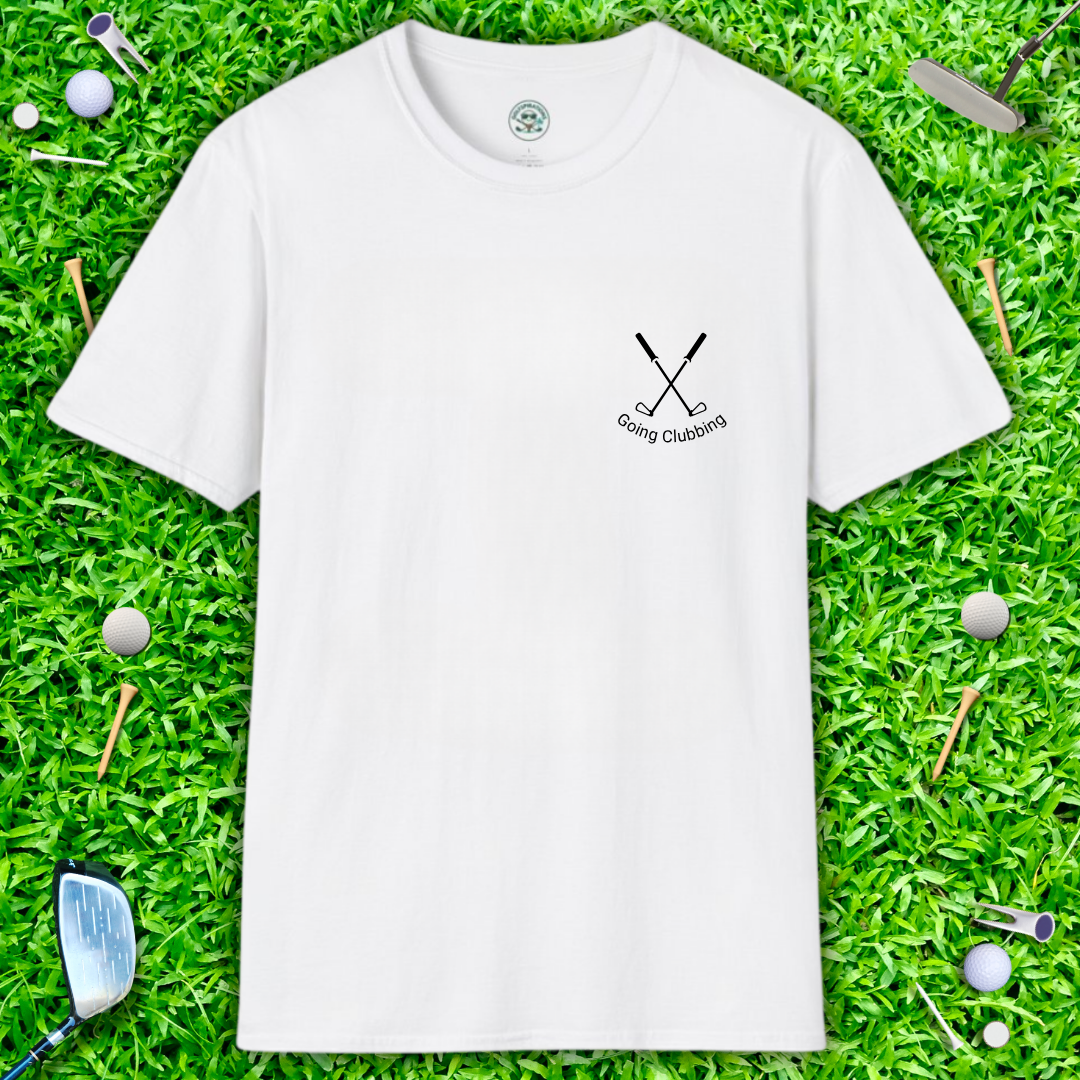 Going Clubbing T-Shirt — Minimalist Crossed Golf Clubs Chest Logo
