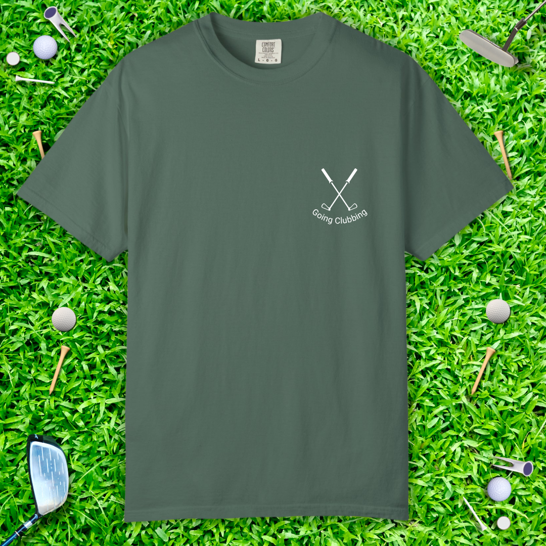 Going Clubbing T-Shirt — Minimalist Crossed Golf Clubs Chest Logo