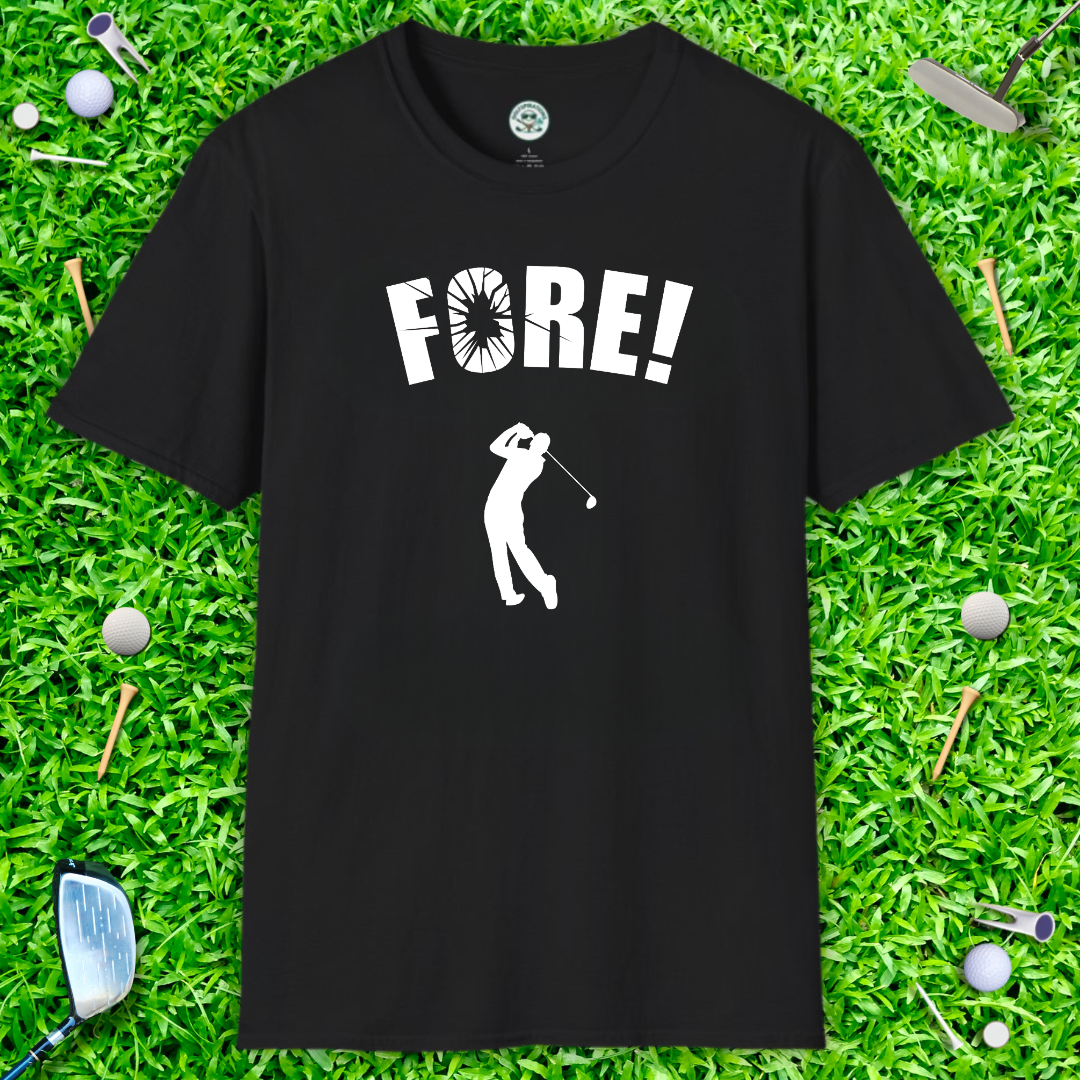 'FORE!' Graphic Golf T-Shirt — Golfer Silhouette Casual Tee