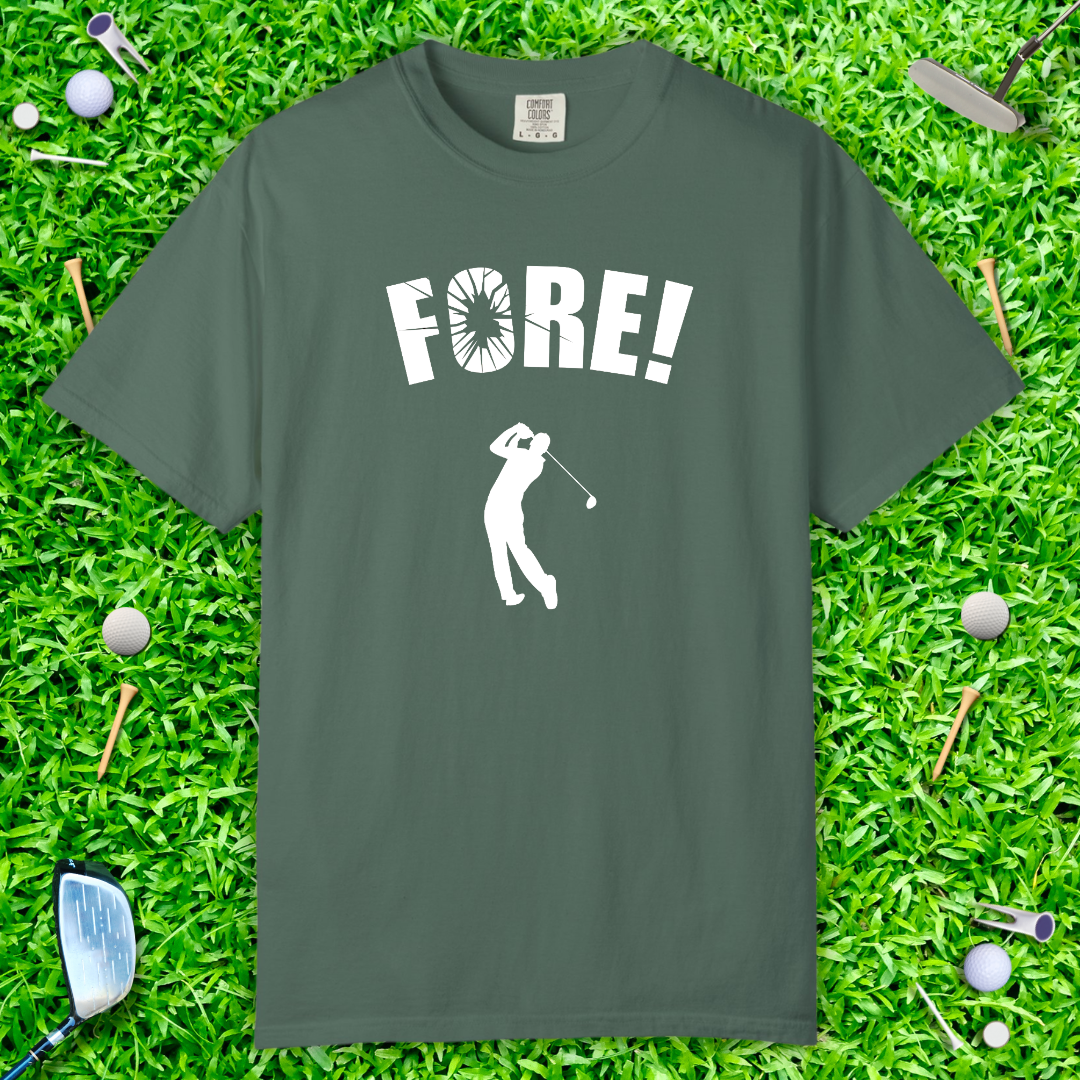 'FORE!' Graphic Golf T-Shirt — Golfer Silhouette Casual Tee