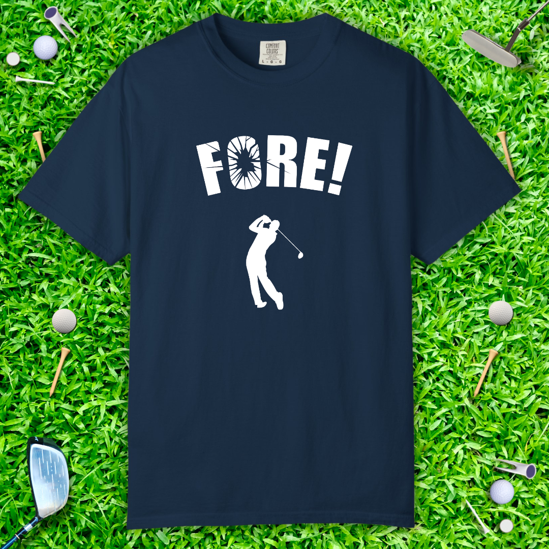 'FORE!' Graphic Golf T-Shirt — Golfer Silhouette Casual Tee
